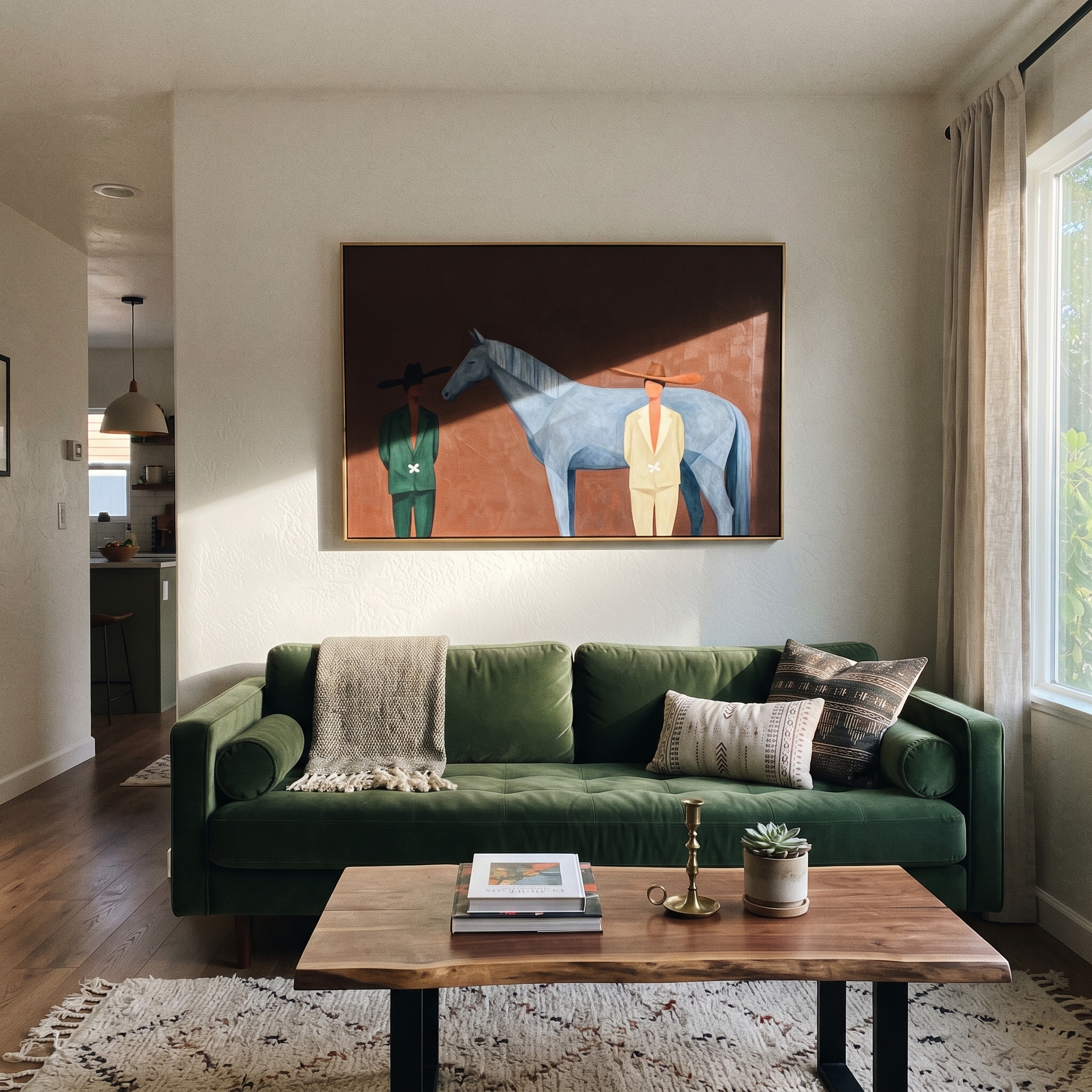 Moonlit Horse Follow the Dust Road - figure and horse painting by Isabelle Laurent, modern Western horizontal wall art – styled room scene view 3