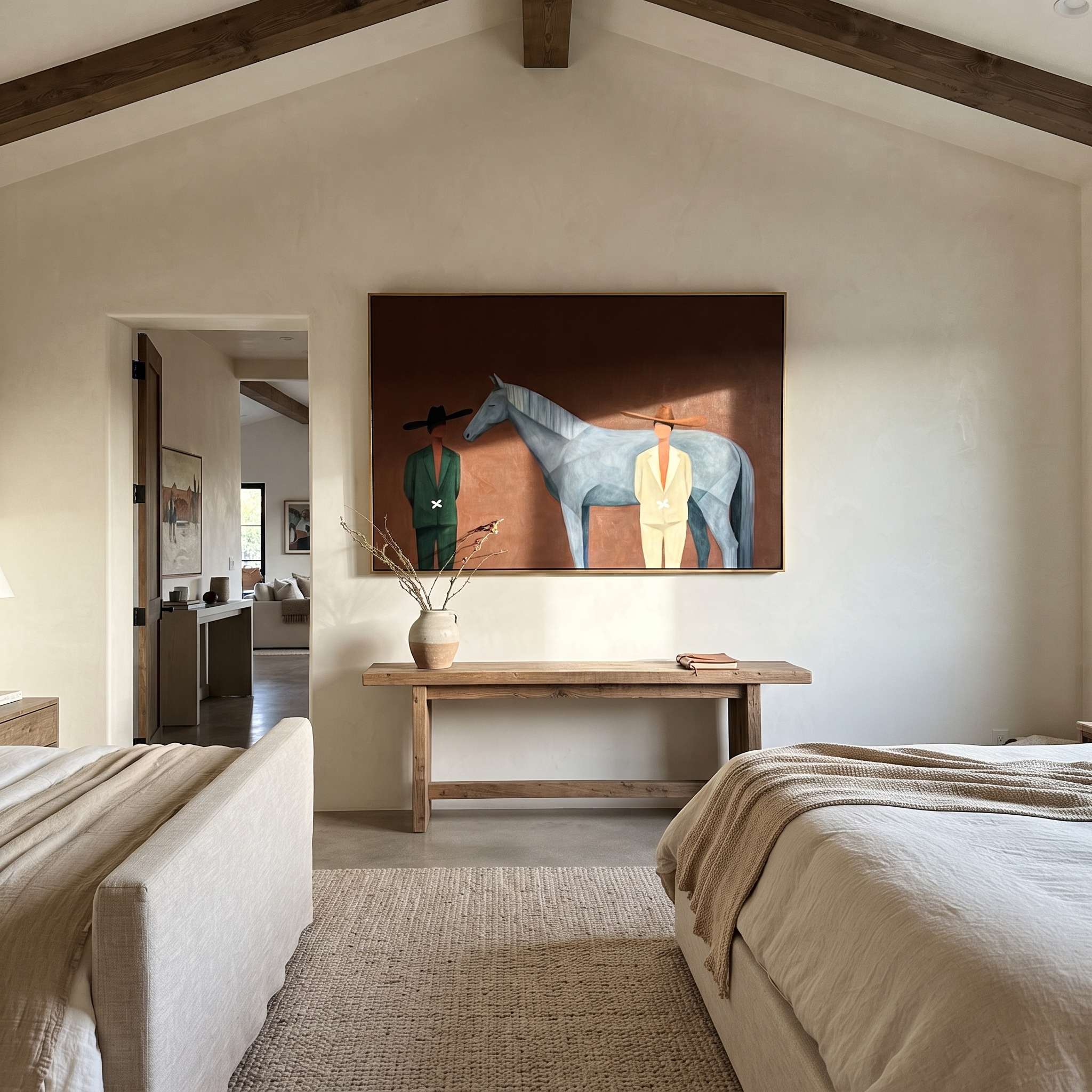 Moonlit Horse Follow the Dust Road - figure and horse painting by Isabelle Laurent, modern Western horizontal wall art – styled room scene view 4