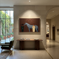 Moonlit Horse Follow the Dust Road - figure and horse painting by Isabelle Laurent, modern Western horizontal wall art – styled room scene view 5
