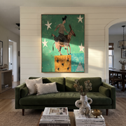 Wild Grace Follow the Dust Road - symbolic horse and rider painting by Isabelle Laurent, modern Western vertical wall art – styled room scene view 1