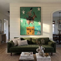 Wild Grace Follow the Dust Road - symbolic horse and rider painting by Isabelle Laurent, modern Western vertical wall art – styled room scene view 1