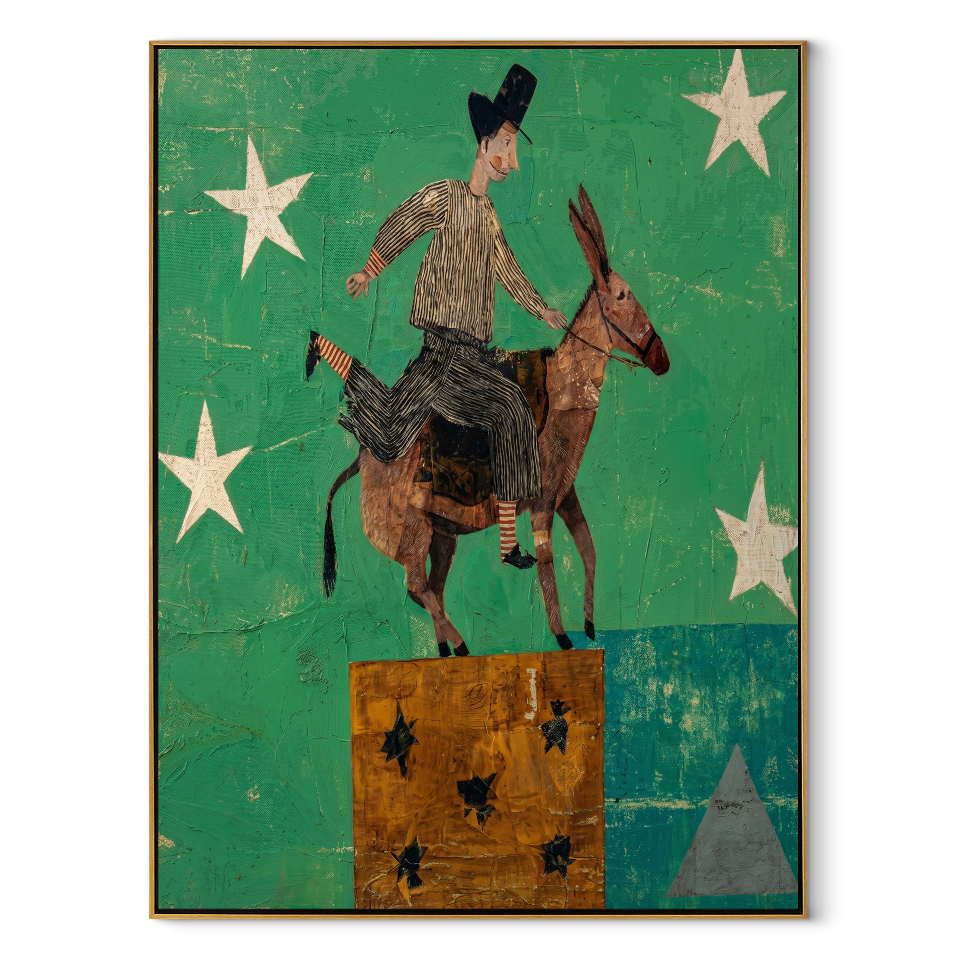 Wild Grace Follow the Dust Road - symbolic horse and rider painting by Isabelle Laurent, modern Western vertical wall art – wood frame on white background