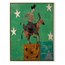 Wild Grace Follow the Dust Road - symbolic horse and rider painting by Isabelle Laurent, modern Western vertical wall art – wood frame on white background