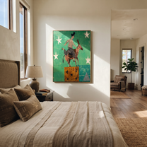 Wild Grace Follow the Dust Road - symbolic horse and rider painting by Isabelle Laurent, modern Western vertical wall art – styled room scene view 2