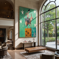 Wild Grace Follow the Dust Road - symbolic horse and rider painting by Isabelle Laurent, modern Western vertical wall art – styled room scene view 3