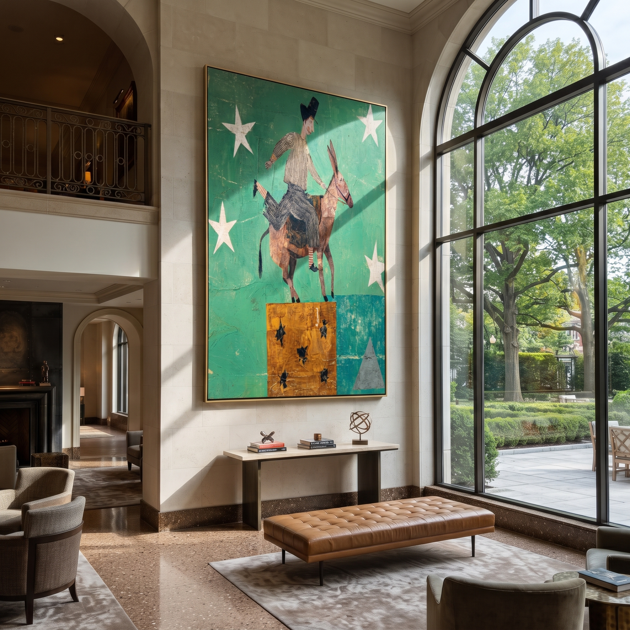 Wild Grace Follow the Dust Road - symbolic horse and rider painting by Isabelle Laurent, modern Western vertical wall art – styled room scene view 3