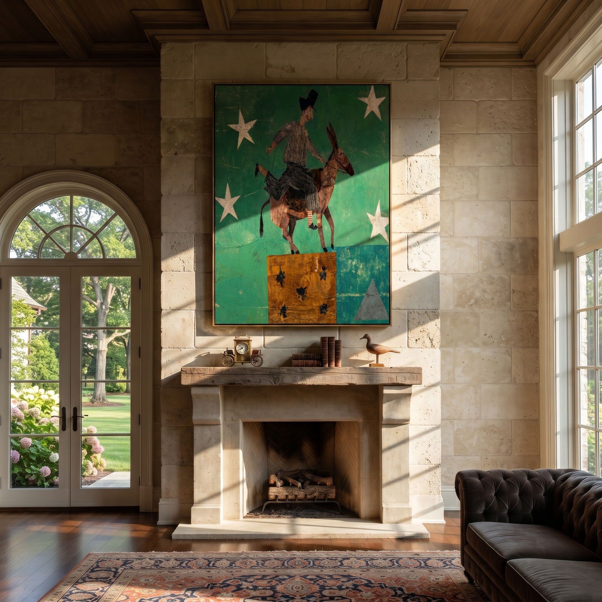 Wild Grace Follow the Dust Road - symbolic horse and rider painting by Isabelle Laurent, modern Western vertical wall art – styled room scene view 4