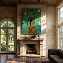 Wild Grace Follow the Dust Road - symbolic horse and rider painting by Isabelle Laurent, modern Western vertical wall art – styled room scene view 4