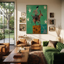 Wild Grace Follow the Dust Road - symbolic horse and rider painting by Isabelle Laurent, modern Western vertical wall art – styled room scene view 5