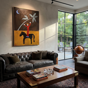 Sage Horizon Follow the Dust Road - symbolic horse and rider painting by Isabelle Laurent, modern Western vertical wall art – styled room scene view 1