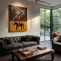 Sage Horizon Follow the Dust Road - symbolic horse and rider painting by Isabelle Laurent, modern Western vertical wall art – styled room scene view 1