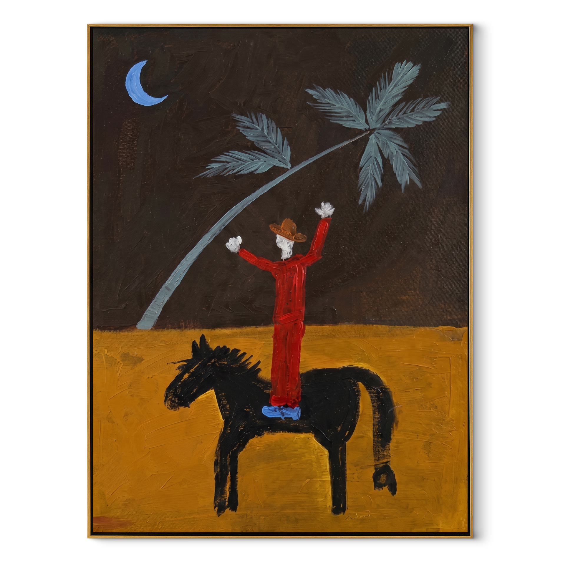 Sage Horizon Follow the Dust Road - symbolic horse and rider painting by Isabelle Laurent, modern Western vertical wall art – wood frame on white background