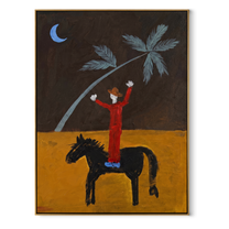 Sage Horizon Follow the Dust Road - symbolic horse and rider painting by Isabelle Laurent, modern Western vertical wall art – wood frame on white background