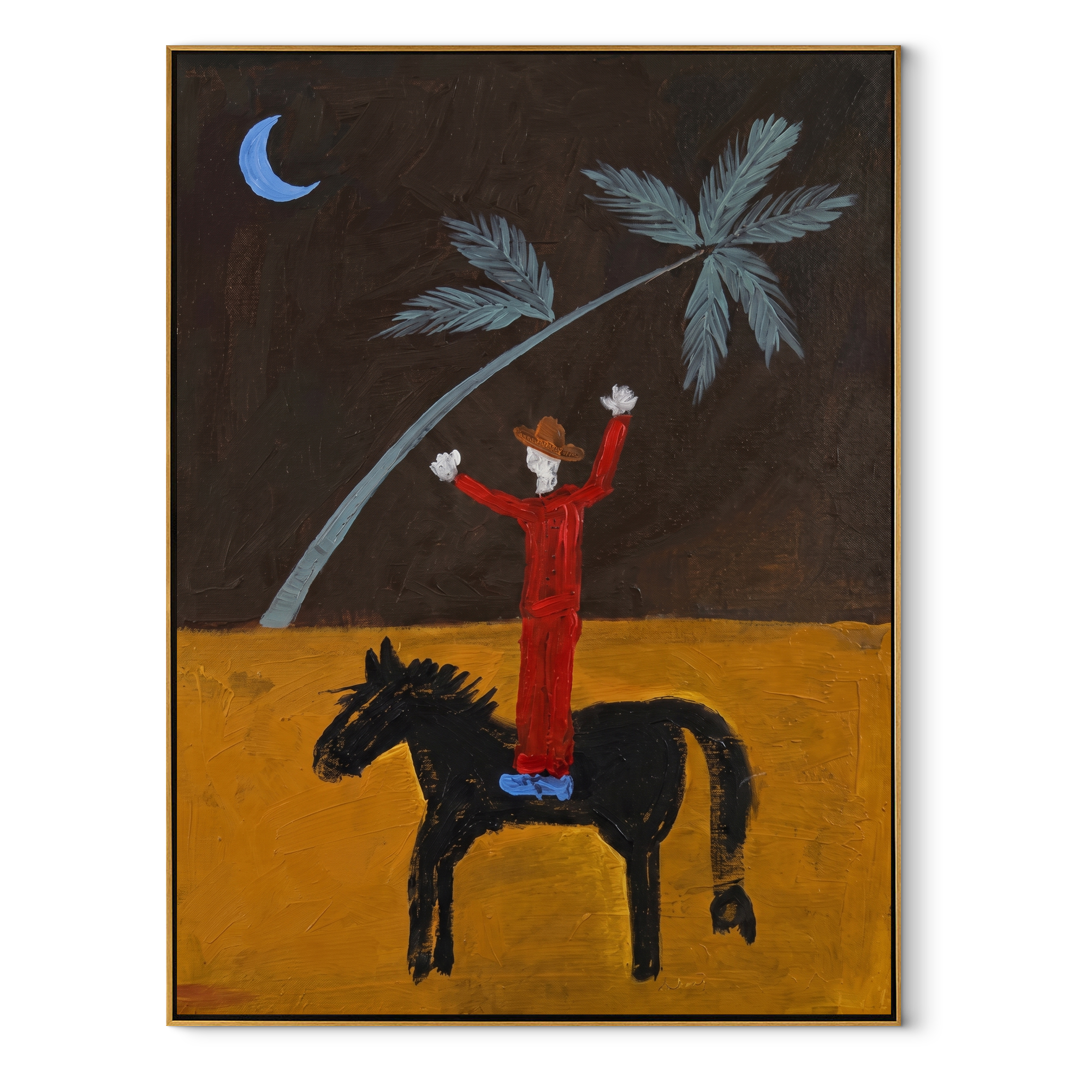 Sage Horizon Follow the Dust Road - symbolic horse and rider painting by Isabelle Laurent, modern Western vertical wall art – wood frame on white background