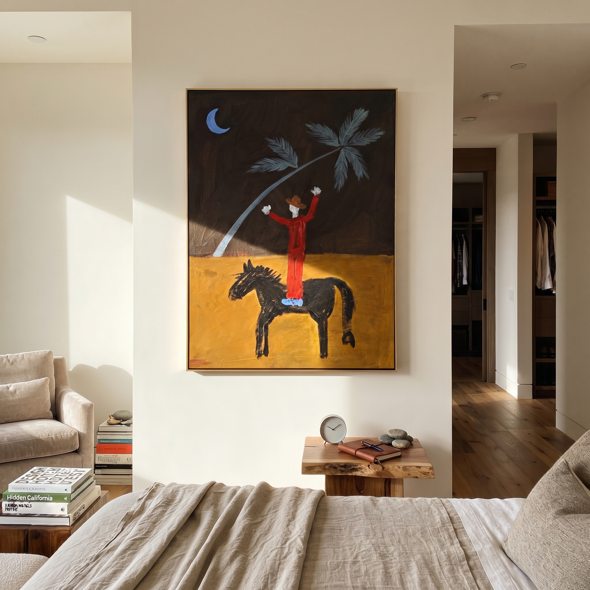 Sage Horizon Follow the Dust Road - symbolic horse and rider painting by Isabelle Laurent, modern Western vertical wall art – styled room scene view 2