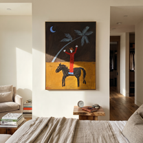 Sage Horizon Follow the Dust Road - symbolic horse and rider painting by Isabelle Laurent, modern Western vertical wall art – styled room scene view 2