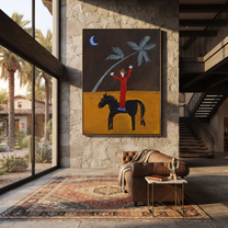 Sage Horizon Follow the Dust Road - symbolic horse and rider painting by Isabelle Laurent, modern Western vertical wall art – styled room scene view 3