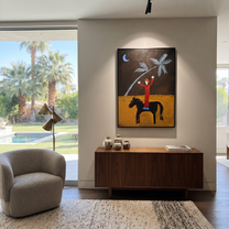 Sage Horizon Follow the Dust Road - symbolic horse and rider painting by Isabelle Laurent, modern Western vertical wall art – styled room scene view 4