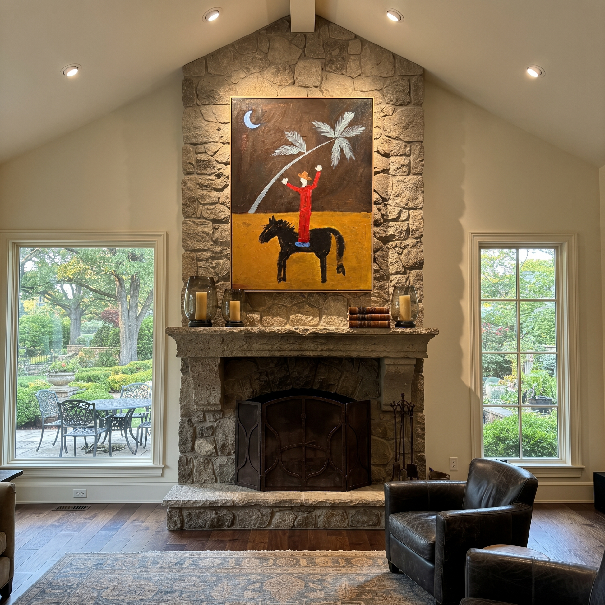 Sage Horizon Follow the Dust Road - symbolic horse and rider painting by Isabelle Laurent, modern Western vertical wall art – styled room scene view 5
