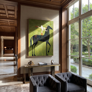 Amber Trail Follow the Dust Road - horse and rider painting by Isabelle Laurent, modern Western vertical wall art – styled room scene view 1