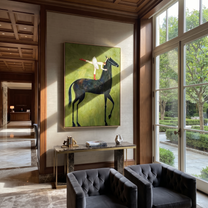 Amber Trail Follow the Dust Road - horse and rider painting by Isabelle Laurent, modern Western vertical wall art – styled room scene view 1