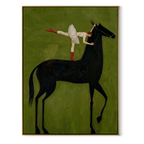 Amber Trail Follow the Dust Road - horse and rider painting by Isabelle Laurent, modern Western vertical wall art – wood frame on white background