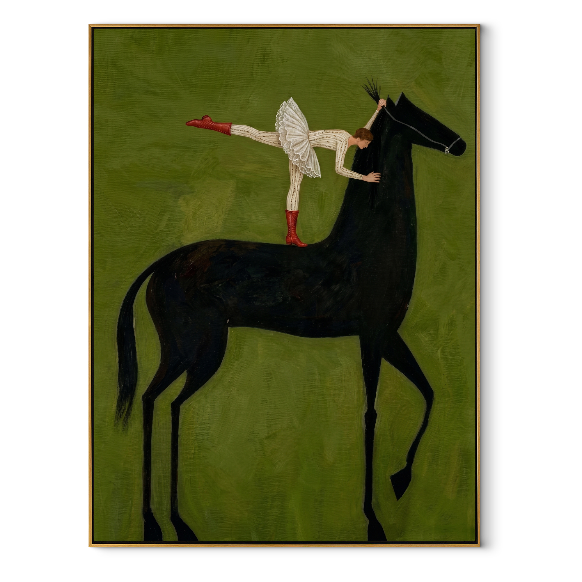 Amber Trail Follow the Dust Road - horse and rider painting by Isabelle Laurent, modern Western vertical wall art – wood frame on white background