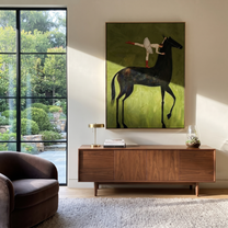 Amber Trail Follow the Dust Road - horse and rider painting by Isabelle Laurent, modern Western vertical wall art – styled room scene view 2