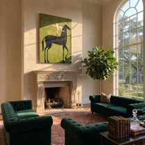 Amber Trail Follow the Dust Road - horse and rider painting by Isabelle Laurent, modern Western vertical wall art – styled room scene view 3