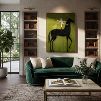 Amber Trail Follow the Dust Road - horse and rider painting by Isabelle Laurent, modern Western vertical wall art – styled room scene view 4