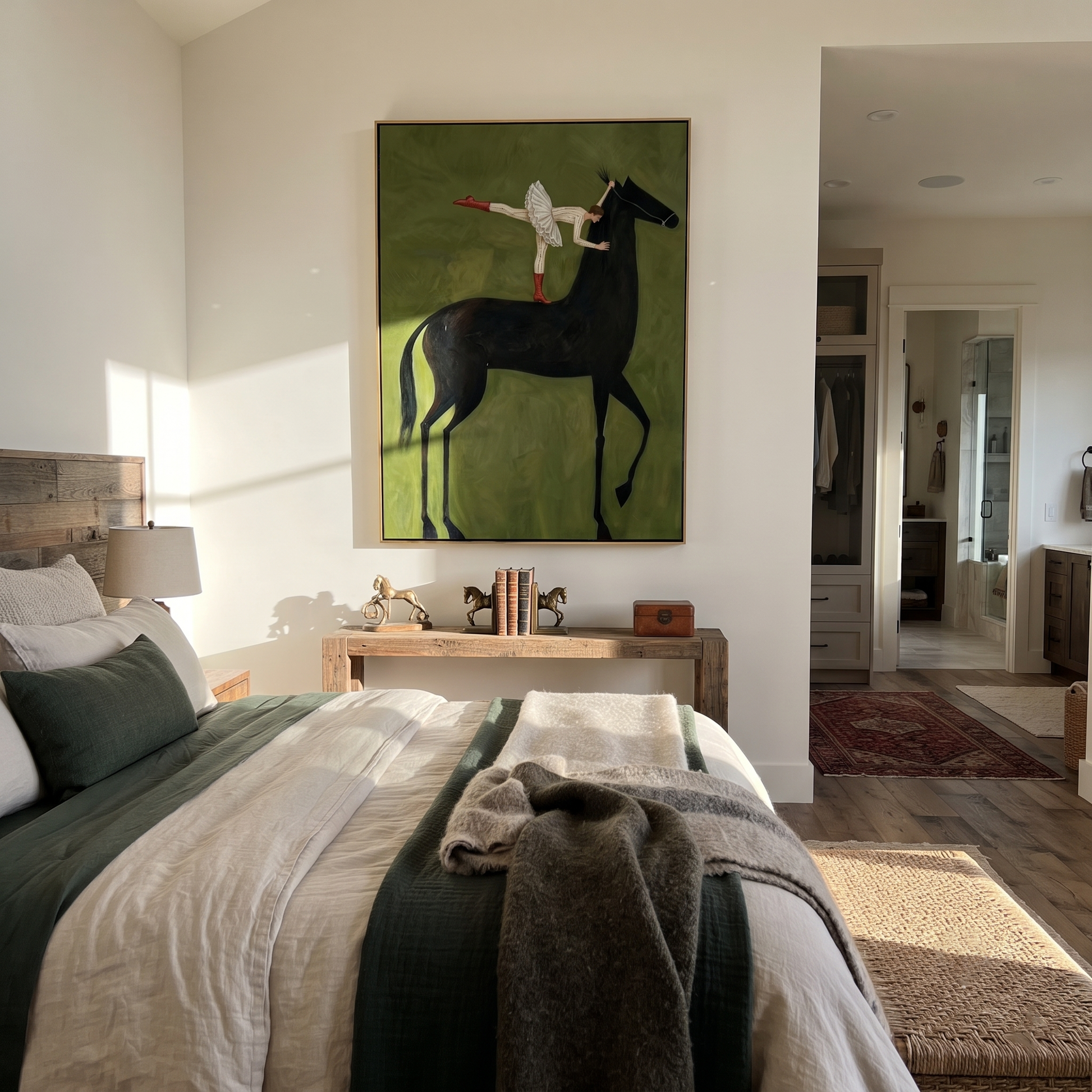 Amber Trail Follow the Dust Road - horse and rider painting by Isabelle Laurent, modern Western vertical wall art – styled room scene view 5