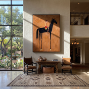 Still Hooves Guard the Silence - horse and rider painting by Isabelle Laurent, modern Western vertical wall art – styled room scene view 1