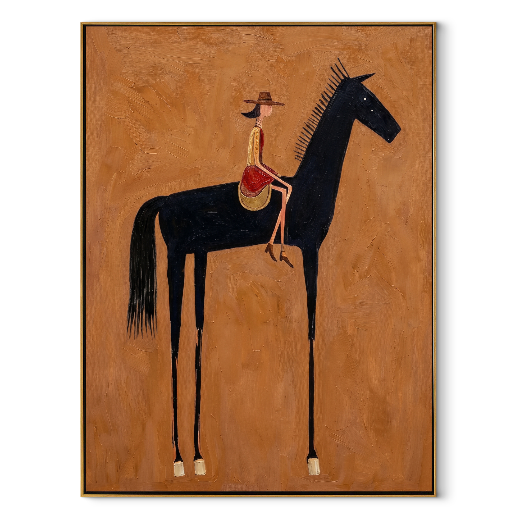 Still Hooves Guard the Silence - horse and rider painting by Isabelle Laurent, modern Western vertical wall art – wood frame on white background