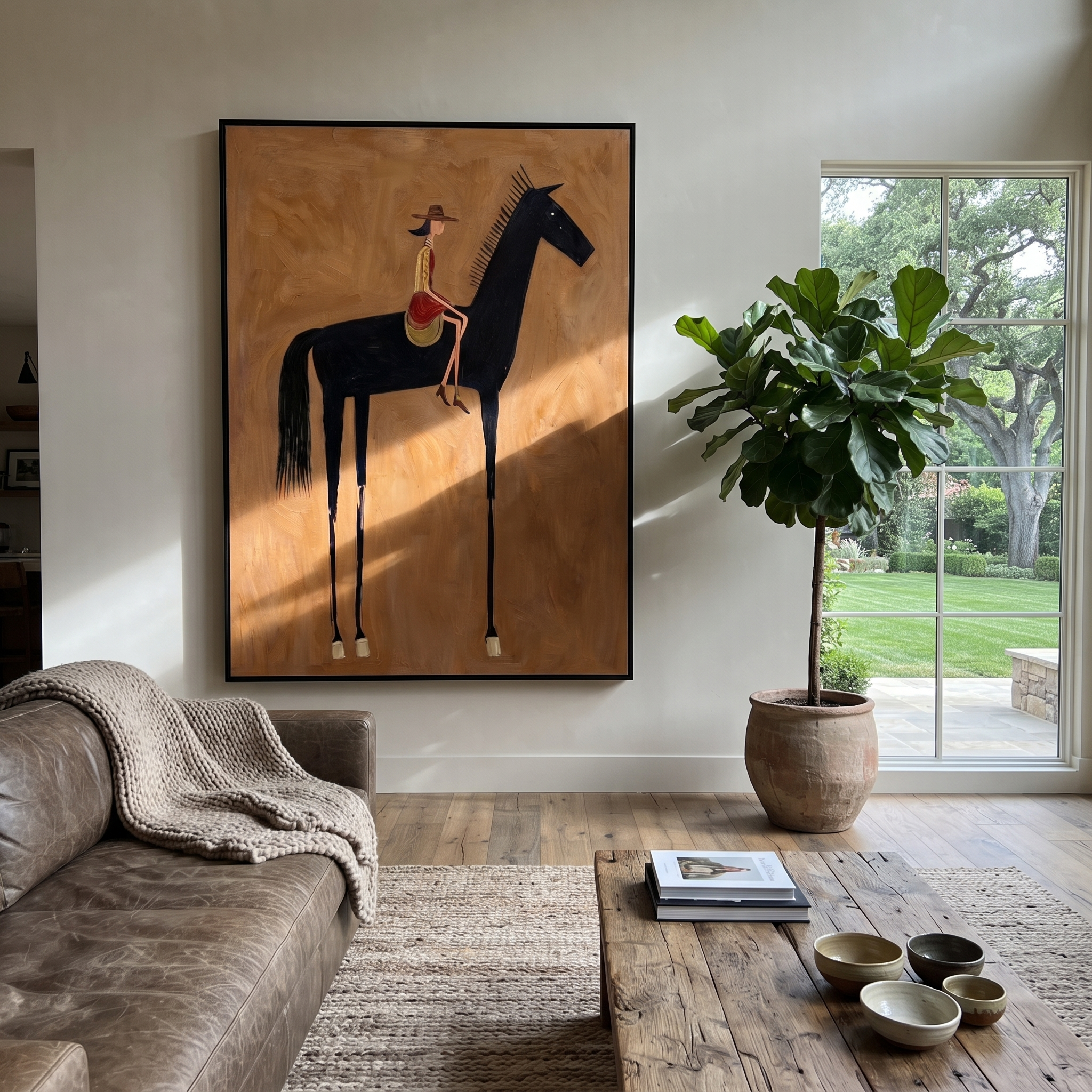 Still Hooves Guard the Silence - horse and rider painting by Isabelle Laurent, modern Western vertical wall art – styled room scene view 2