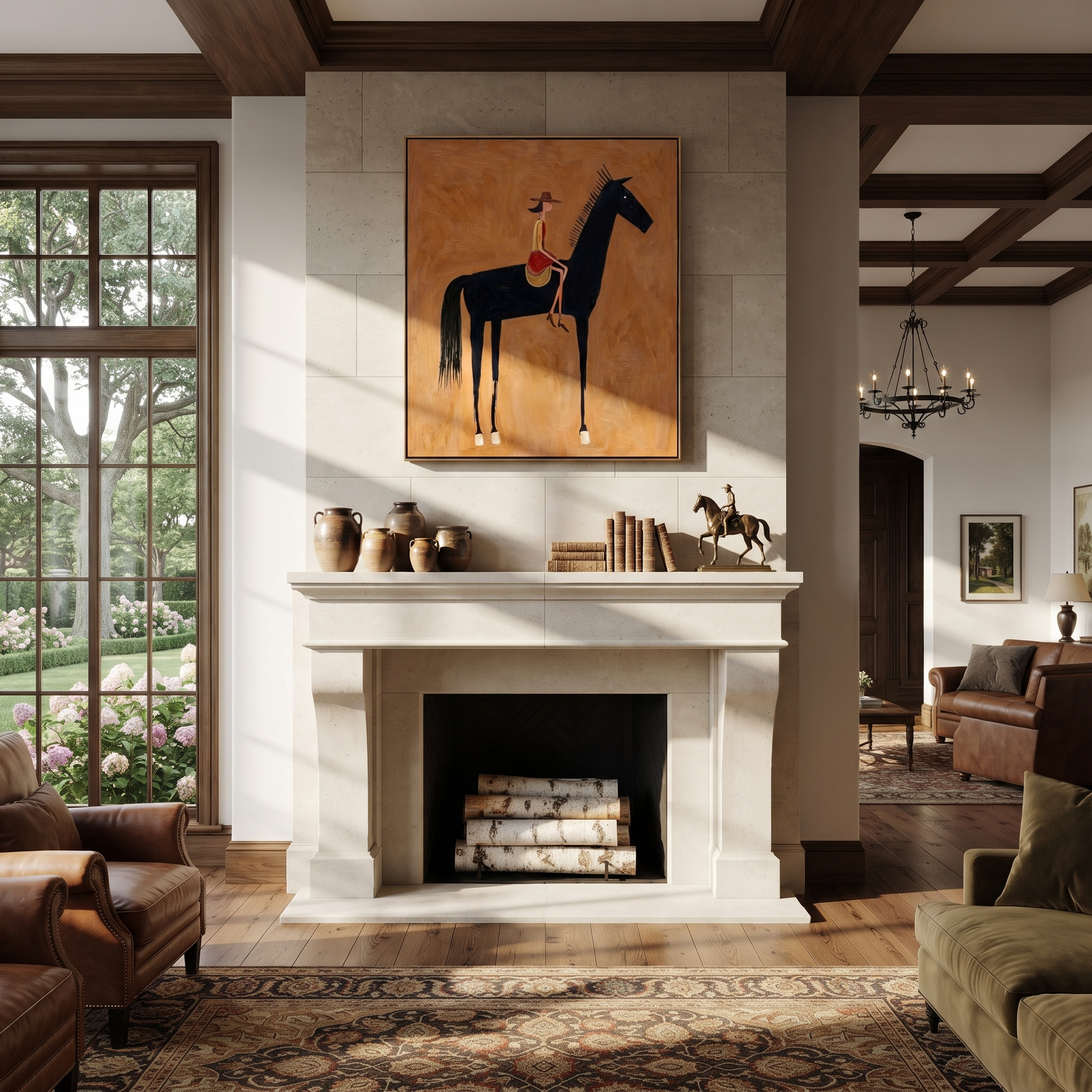 Still Hooves Guard the Silence - horse and rider painting by Isabelle Laurent, modern Western vertical wall art – styled room scene view 3