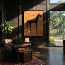 Still Hooves Guard the Silence - horse and rider painting by Isabelle Laurent, modern Western vertical wall art – styled room scene view 4