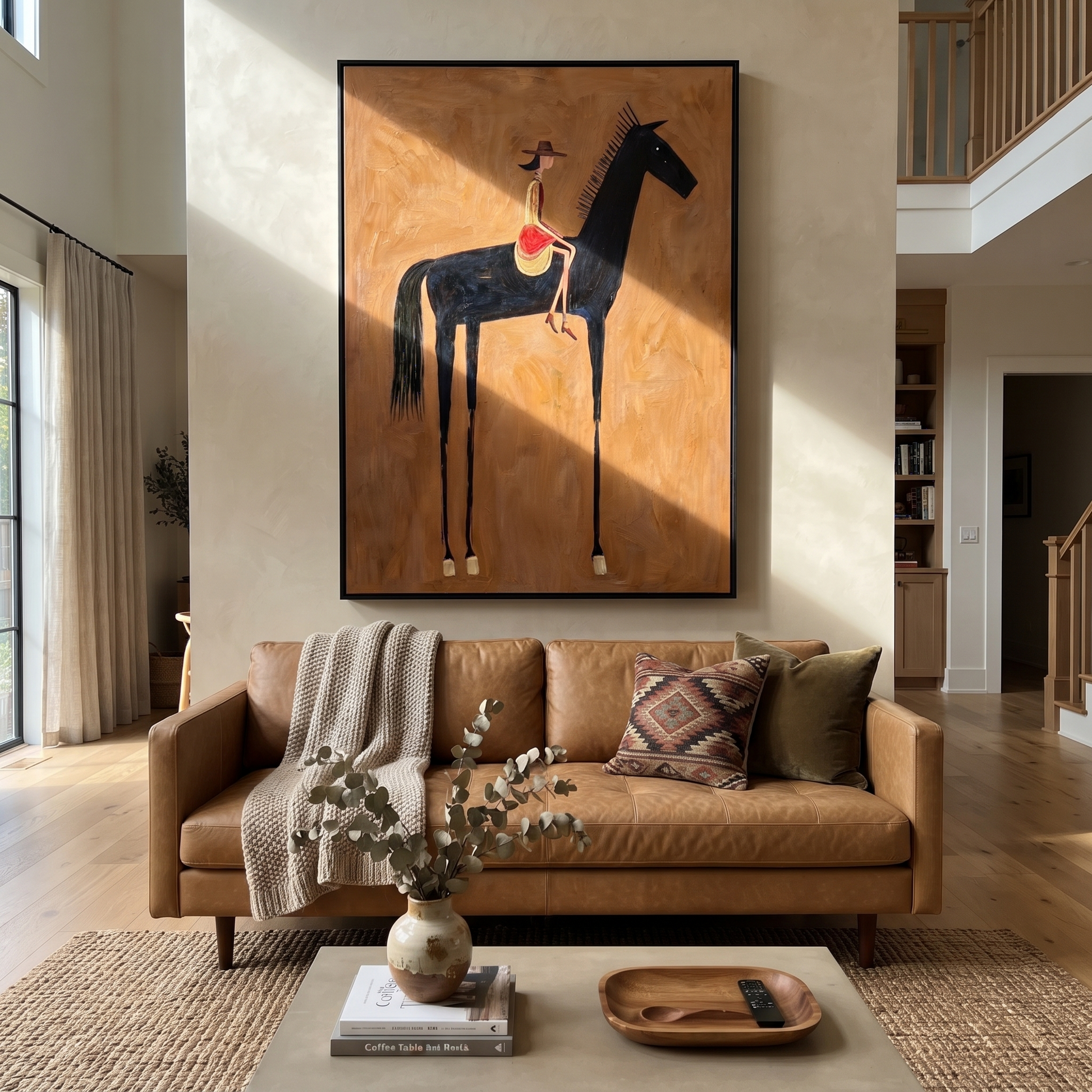 Still Hooves Guard the Silence - horse and rider painting by Isabelle Laurent, modern Western vertical wall art – styled room scene view 5