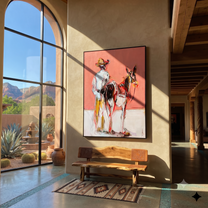Midnight Rider Guard the Silence - expressive equestrian painting by Isabelle Laurent, modern Western vertical wall art – styled room scene view 1