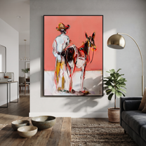 Midnight Rider Guard the Silence - expressive equestrian painting by Isabelle Laurent, modern Western vertical wall art – styled room scene view 2