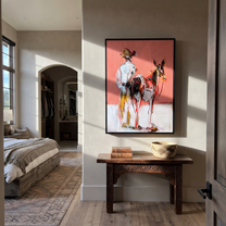 Midnight Rider Guard the Silence - expressive equestrian painting by Isabelle Laurent, modern Western vertical wall art – styled room scene view 3
