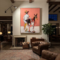 Midnight Rider Guard the Silence - expressive equestrian painting by Isabelle Laurent, modern Western vertical wall art – styled room scene view 4