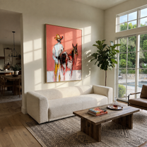 Midnight Rider Guard the Silence - expressive equestrian painting by Isabelle Laurent, modern Western vertical wall art – styled room scene view 5