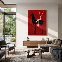 Quiet Reins Guard the Silence - symbolic horse and rider painting by Isabelle Laurent, modern Western vertical wall art – styled room scene view 1
