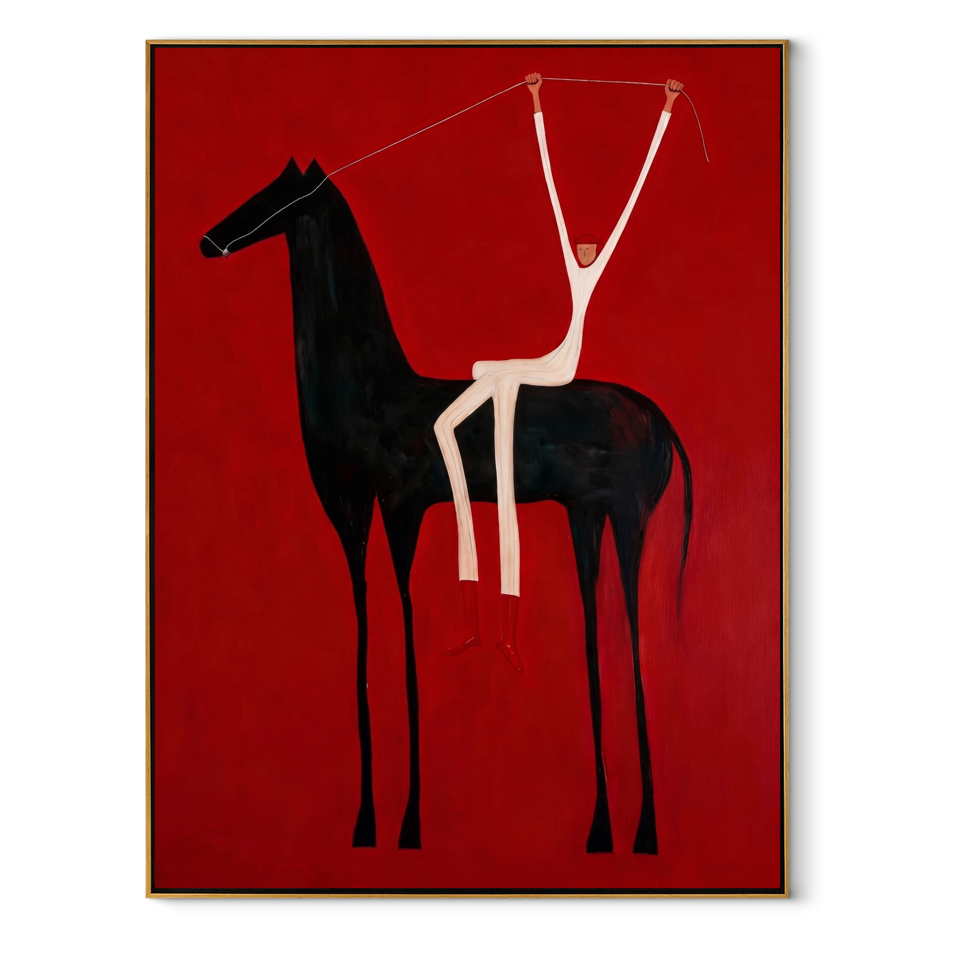 Quiet Reins Guard the Silence - symbolic horse and rider painting by Isabelle Laurent, modern Western vertical wall art – wood frame on white background