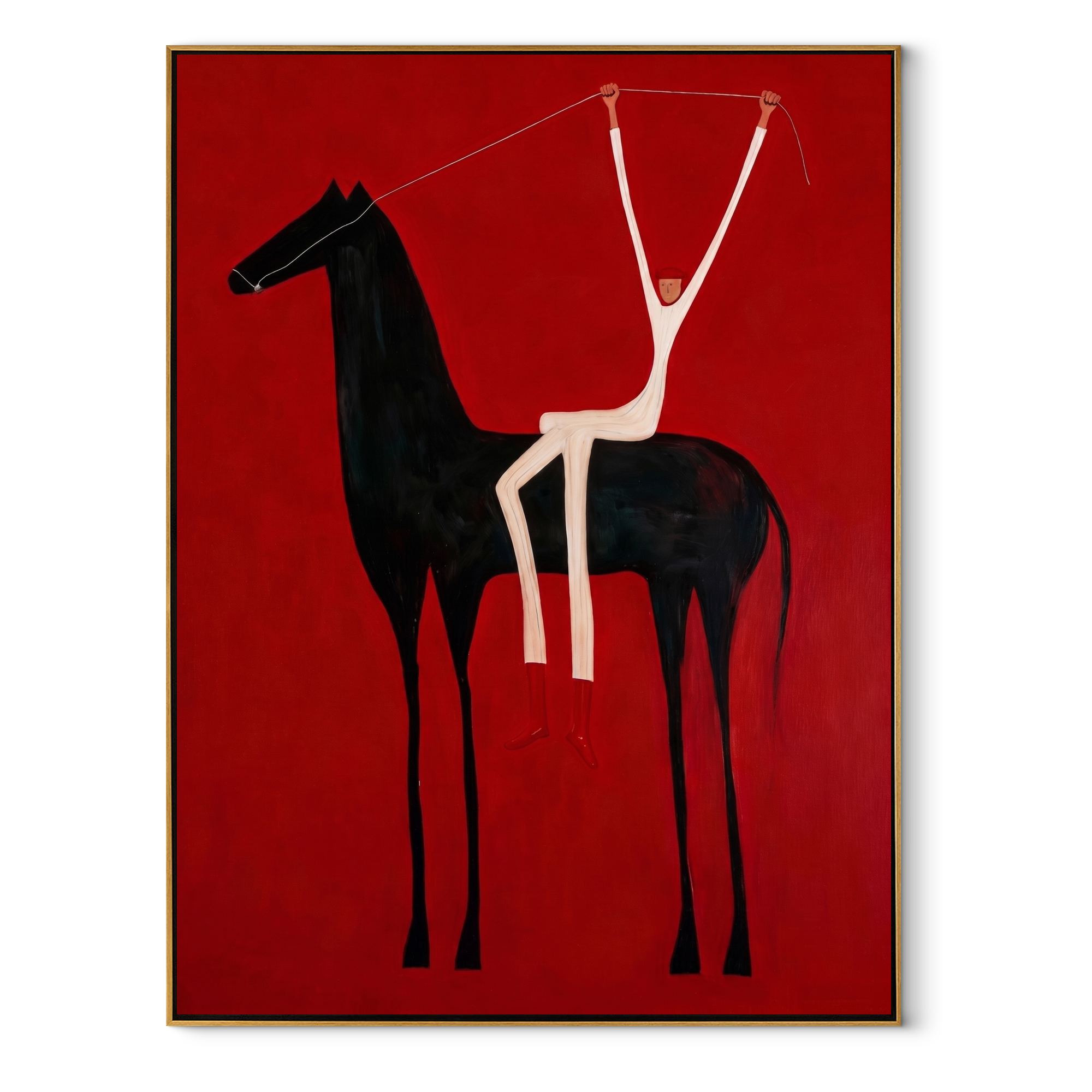 Quiet Reins Guard the Silence - symbolic horse and rider painting by Isabelle Laurent, modern Western vertical wall art – wood frame on white background