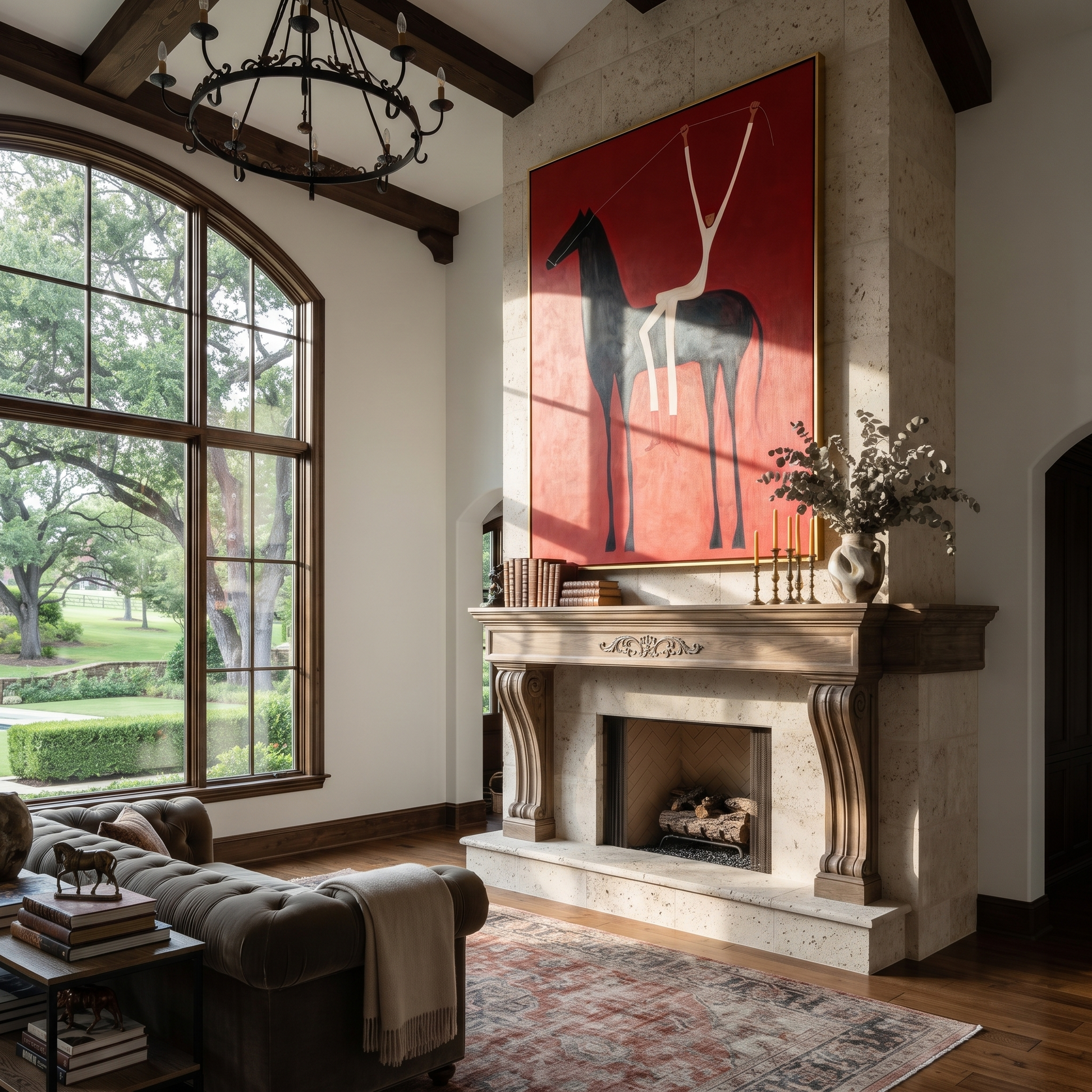 Quiet Reins Guard the Silence - symbolic horse and rider painting by Isabelle Laurent, modern Western vertical wall art – styled room scene view 2