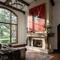 Quiet Reins Guard the Silence - symbolic horse and rider painting by Isabelle Laurent, modern Western vertical wall art – styled room scene view 2