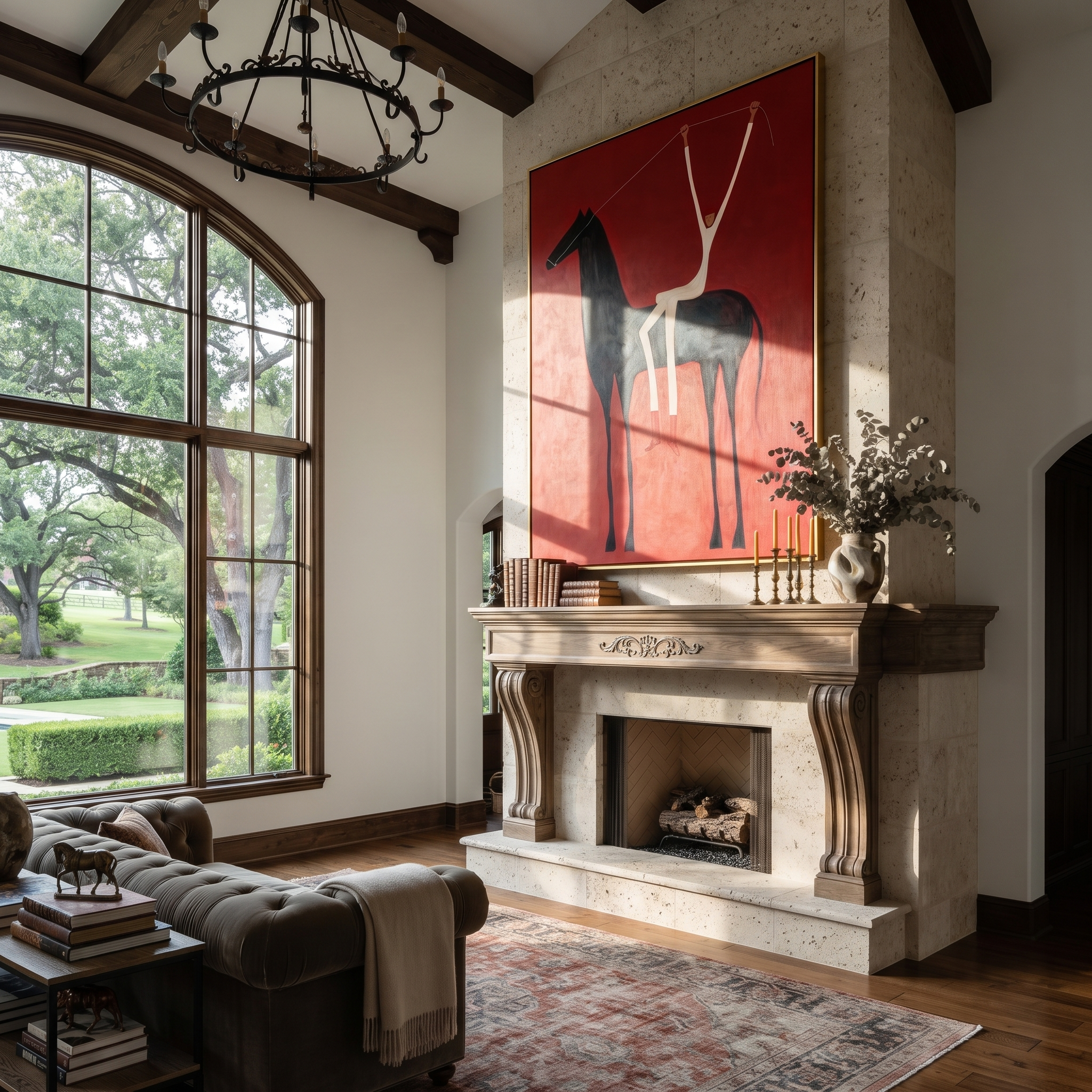 Quiet Reins Guard the Silence - symbolic horse and rider painting by Isabelle Laurent, modern Western vertical wall art – styled room scene view 2