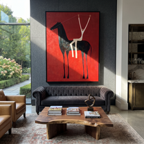 Quiet Reins Guard the Silence - symbolic horse and rider painting by Isabelle Laurent, modern Western vertical wall art – styled room scene view 3