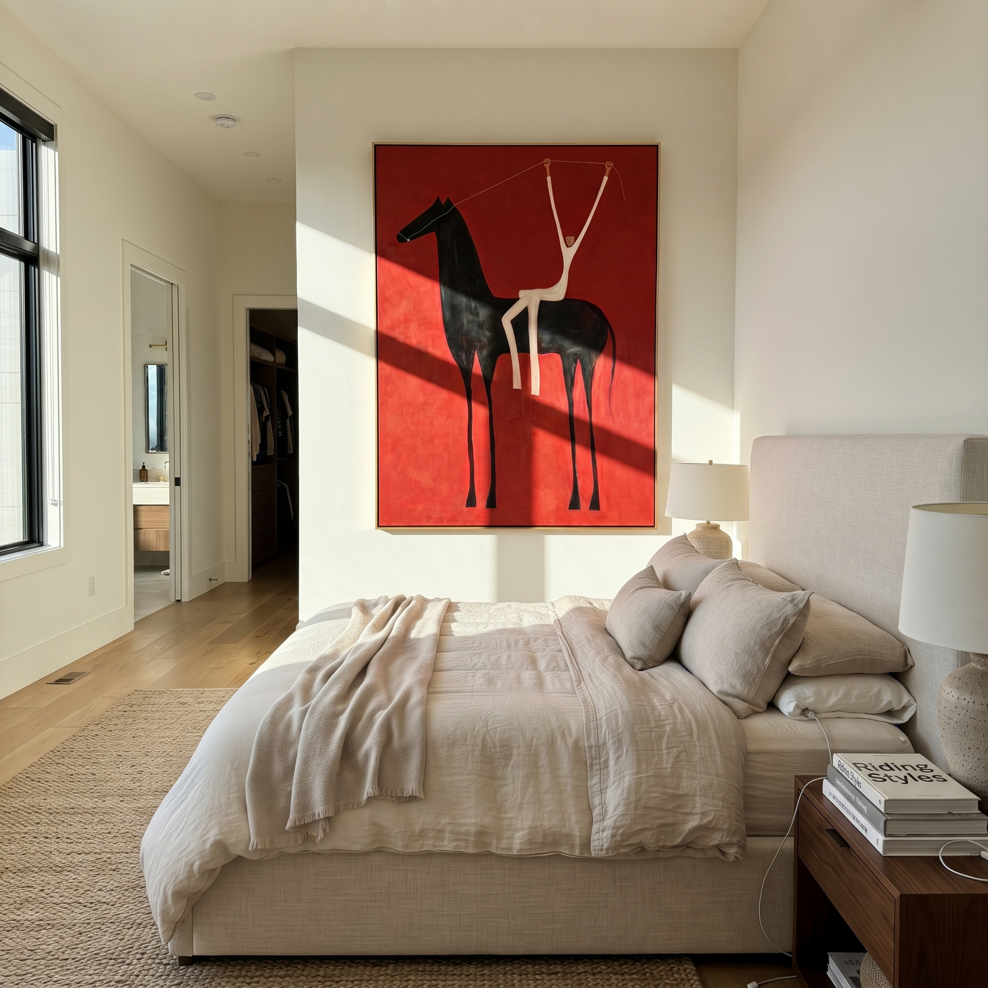 Quiet Reins Guard the Silence - symbolic horse and rider painting by Isabelle Laurent, modern Western vertical wall art – styled room scene view 4